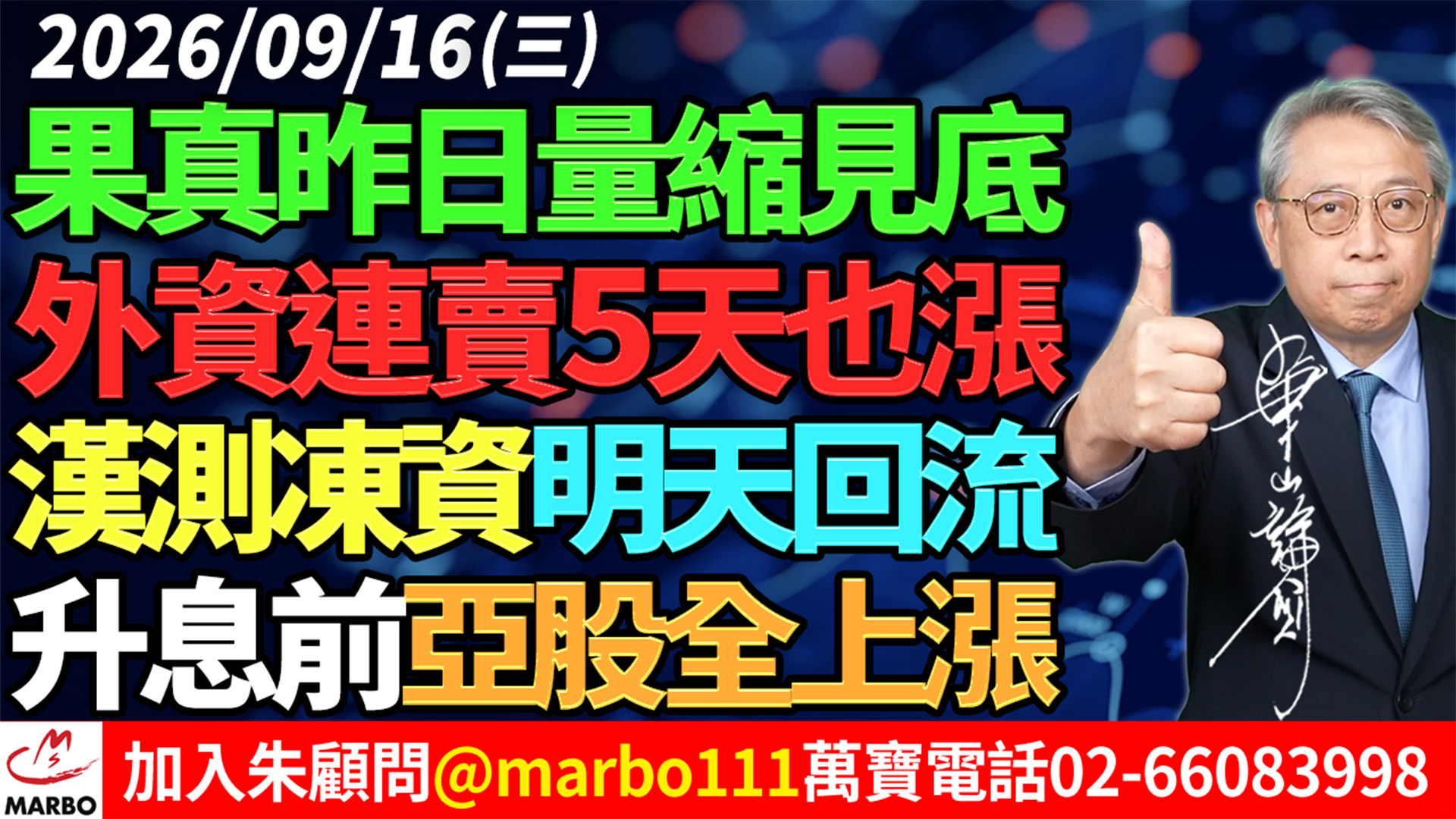2026/09/16 果真昨日量縮見底!外資連賣5天也漲!漢測凍資明天回流!升息前亞股全上漲! #朱成志社長